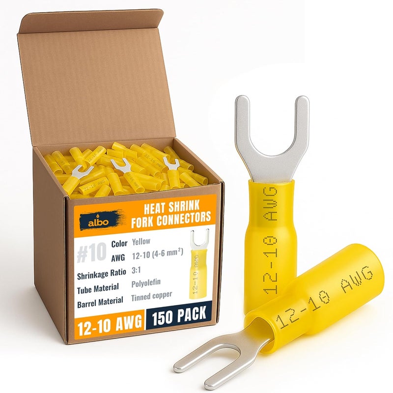 ALBO 150PCS Yellow Heat Shrink Fork Spade Connectors #10 – 12-10 AWG Tinned Copper Terminals, Waterproof Wire Crimp Kit for Automotive, Marine, Speaker & Electrical Wiring - Image 1
